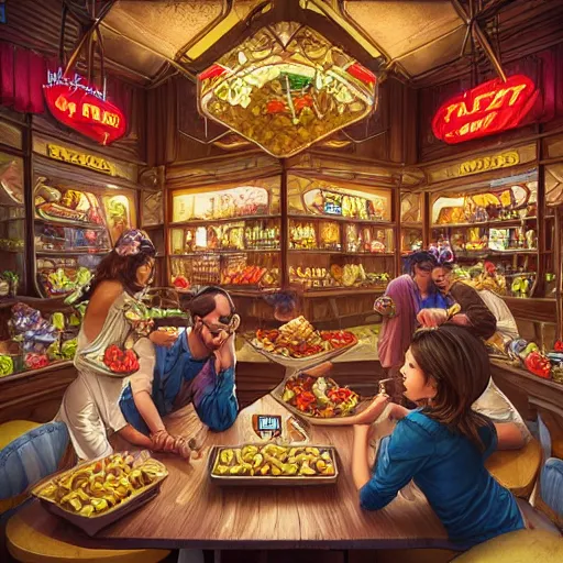 Image similar to “a fantasy fastfood restaurant called ‘Good Berry’, similar to Good Burger, fantastical ambience, food court, D&D, fantasy, intricate, cinematic lighting, highly detailed, digital painting, artstation, concept art, smooth, sharp focus, illustration, art by Artgerm and Greg Rutkowski and Alphonse Mucha”