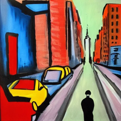 Prompt: man lost in new york city. expressionist painting.