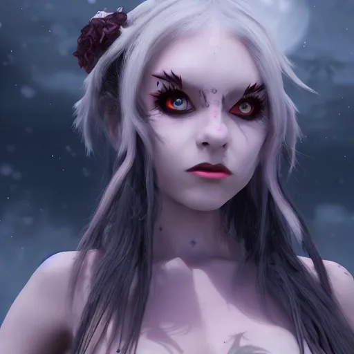 Image similar to full shot portrait of angry darkness Clara Morgane as a cute anime girl at moonlight, snowing, gothic wearing, inspired by Tim Burton, Amano, detailed, unreal engine 4k volumetric light, fog,