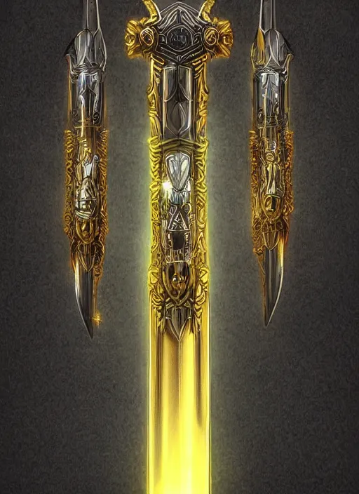 Image similar to legendary glowing sword of cybernetic technology on a table, digital award winning artwork, intimate, intricate, long sharp black and iridescent blade, ornate gothic baroque spikes coming out, colorful hilt, vivid detailed realistic, ray tracing, colored gems, golden pommel, artstation, deviantart