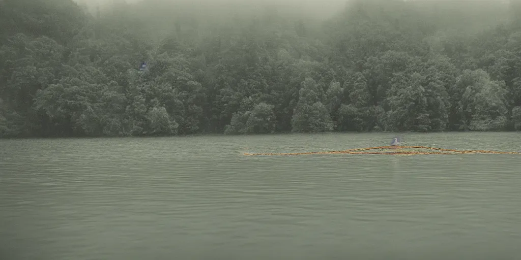 Image similar to an infinitely long rope floating to surface of water snaking zig zag in the center of the lake, overcast lake, 2 4 mm leica anamorphic lens, moody scene, stunning composition, hyper detailed, color kodak film stock