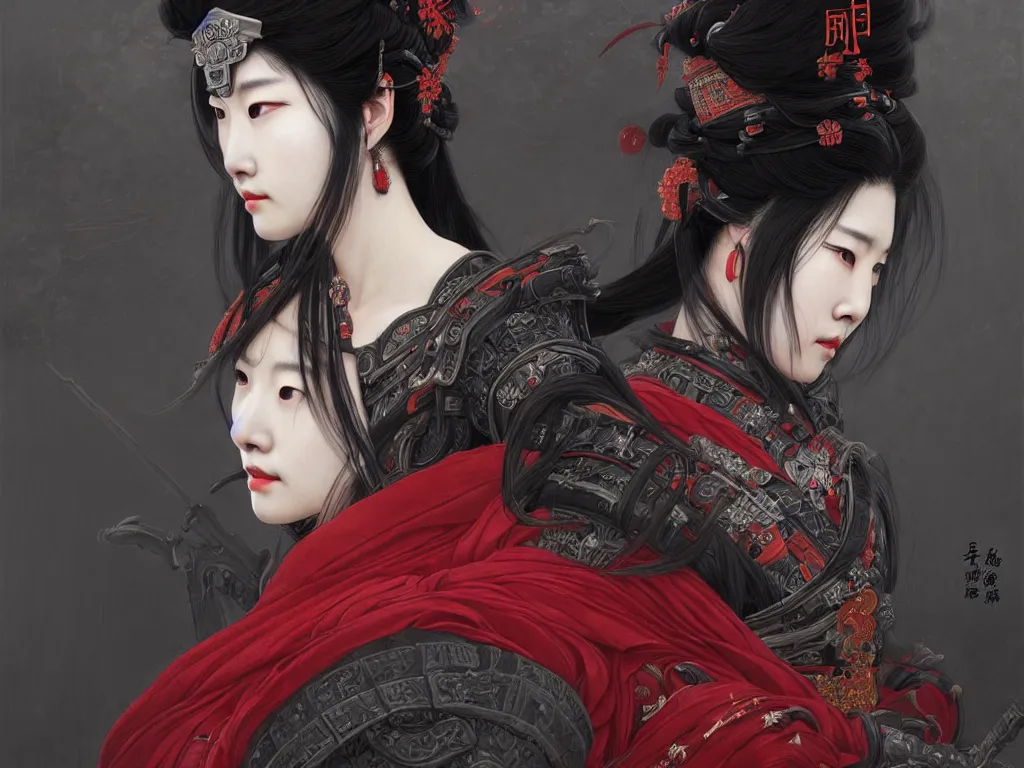 Image similar to portrait dark grey hair han so hee female samurai, wearings black and red samurai armor, at jaapnese temple night, ssci - fi and fantasy, intricate and very very beautiful and elegant, highly detailed, digital painting, artstation, concept art, smooth and sharp focus, illustration, art by tian zi and wlop and alphonse mucha