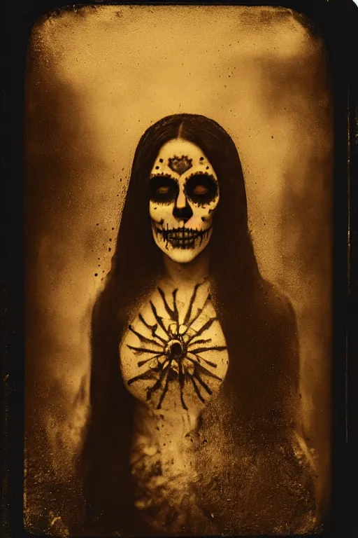 Image similar to wet collodion process, tintype virgin mary in dia de muertos dress and make up, horrific beautiful vibe, evocative, atmospheric lighting, painted, intricate, highly detailed, leesha hannigan, wayne haag, reyna rochin, ignacio fernandez rios, mark ryden, iris van herpen, stunning, gorgeous, sharp focus, cinematic, masterpiece