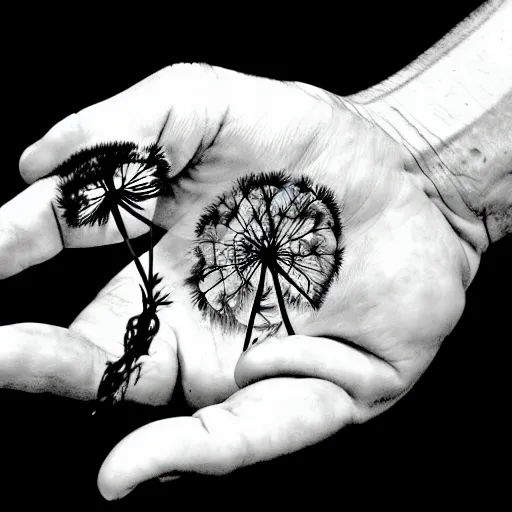 Prompt: a hand with dandelions growing out of it, pen and ink style