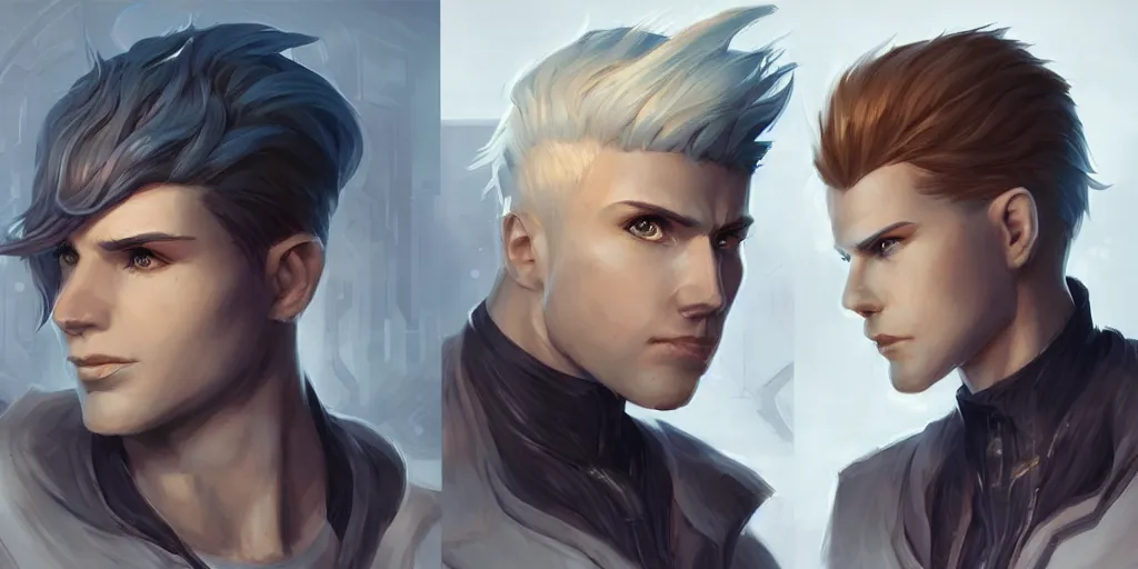 Image similar to concept art of young male netrunner d & d video game characters head designs, unique hair designs, by marc brunet and artgerm