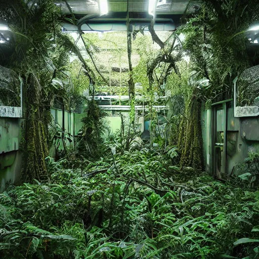 Prompt: abandoned, overgrown, space station jungle room with trees.