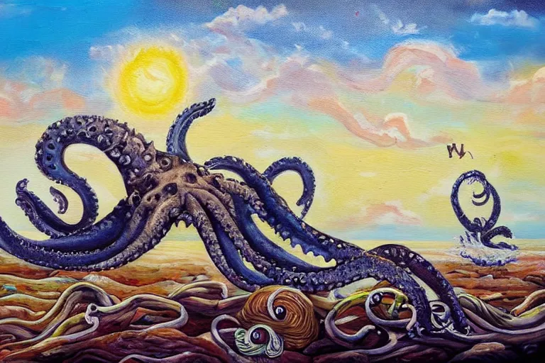 Prompt: a happy sunny oil painting of a kraken devouring the ancient home of the baby seals, bright sunny day with puffy clouds, relaxing