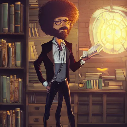 Image similar to a full shot of a steampunk Bob Ross with a black bob hair style holding a stack of books, standing in a steampunk reading room. in a steampunk reading room. digital illustration, soft lighting lighting, 8K, anime, trending on ArtStation, digital art. @MarioManiacDude