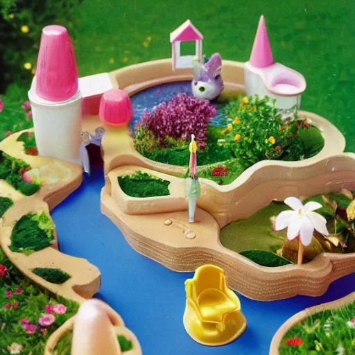 Prompt: a clamshell polly pocket garden with unicorns, kodachrome photo