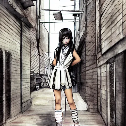 Image similar to a perfect, realistic professional digital sketch of a Japanese schoolgirl posing in a sci-fi alleyway, style of Marvel, full length, by pen and watercolor, by a professional American senior artist on ArtStation, a high-quality hollywood-style sketch, on high-quality paper