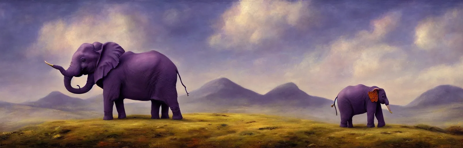 Image similar to A purple elephant standing in a field of clouds, mountains in the background, illustration, detailed, smooth, soft, warm, by Adolf Lachman, Shaun Tan, Surrealism