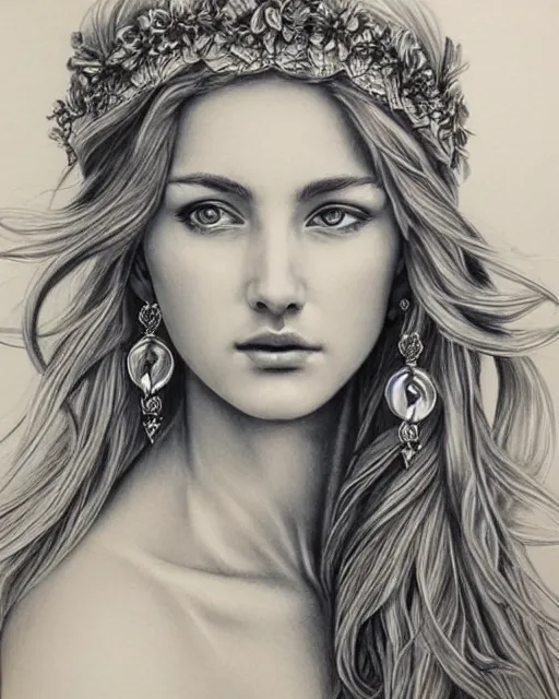 Image similar to long shot realism pencil drawing of the beautiful greek goddess aphrodite wearing a laurel wreath and arrowhead earrings, beautiful confident eyes, beautiful flowing hair, glowing god eyes, hyper realistic face, in the style of artgerm, fantasy, amazing detail, epic, elegant, smooth, sharp focus, from the front