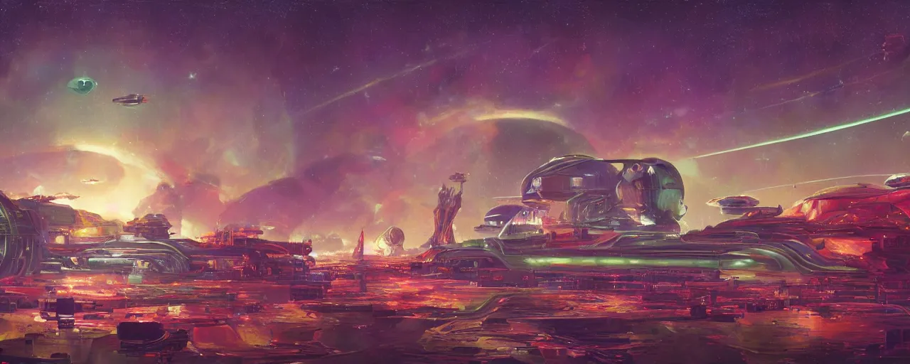 Image similar to ” intergalactic spaceport with clear plastic vehicle tubes, [ art by paul lehr, cinematic, detailed, epic, widescreen, opening, establishing, mattepainting, photorealistic, realistic textures, octane render ] ”