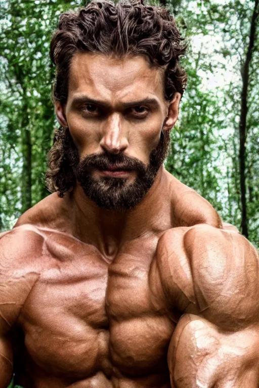 Image similar to close up, portrait of a muscular man, chiseled features, beautiful flowing brown curly hair, mythological, god of nature, defined muscles, artsy photography, film photo, 4 k, model posing, deep tan skin, trending on artstation, fashion photography, yellow eyes, overgrown background, dryad, verdant forest, face