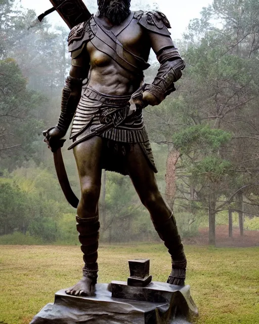 Image similar to a huge bronze statue of a spartanburg warrior holding his spear and shield, god of war, fantasy landscape, photorealistic, atmospheric