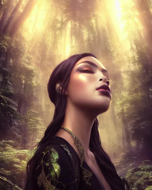 Image similar to beauteous sumptuous dark empress with incredible iridescent pearlescent voluminous hair, photorealistic crystalline masterpiece incrustations, hyperdetailed face, elegant pose, movie still, cinematic forest lighting, intricate accuracy, octane render, cgsociety, artgerm, unreal engine, crepuscular rays, god rays