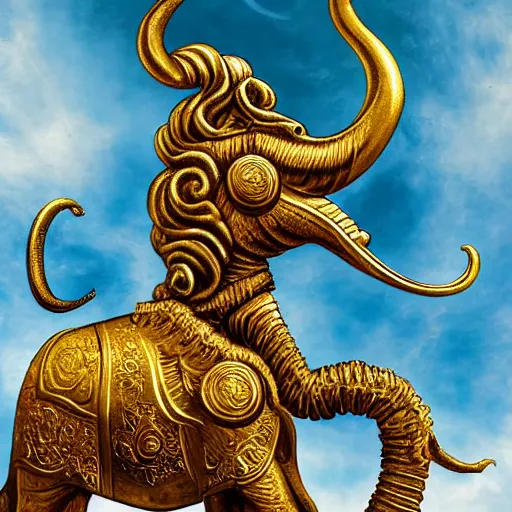 Image similar to golden mammoth as a deity in a medieval age where everyone is worshiping it, digital art, realistic, awards winning, dramatic, cinematic, artistic, famous, detailed