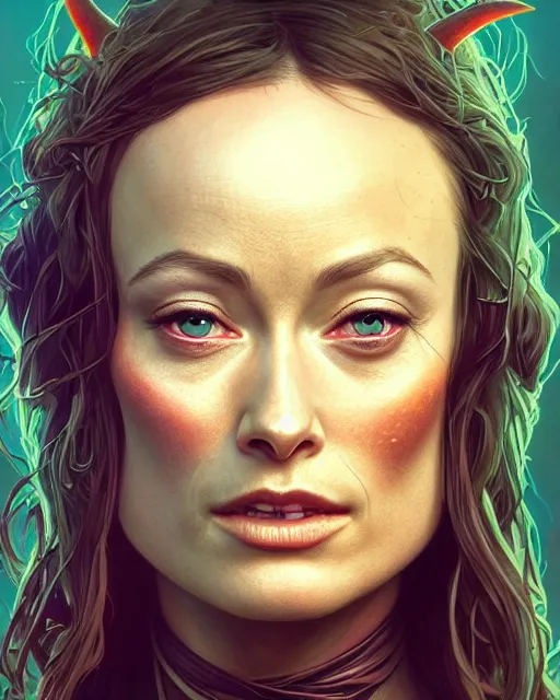 Image similar to highly detailed vfx portrait of olivia wilde as a witch, stephen bliss, unreal engine, greg rutkowski, loish, rhads, beeple, makoto shinkai and lois van baarle, ilya kuvshinov, rossdraws, tom bagshaw, alphonse mucha, global illumination, detailed and intricate environment