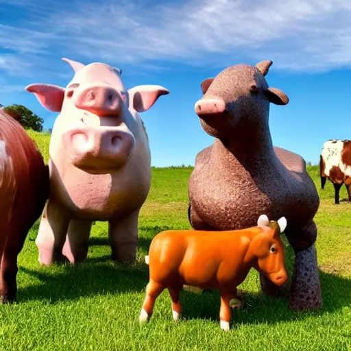 Image similar to statue of a pig, a cow, a horse, a chicken and a sheep