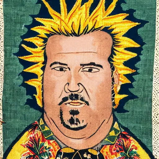 Image similar to Medieval Tapestry artwork of Guy Fieri wearing a hawaiian shirt, cloth texture, highly detailed and intricate