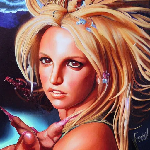 Prompt: detailed portrait of britney spears anime intricate, hyper detailed, realistic, oil painting, by julie bell, frank frazetta, cinematic lighting