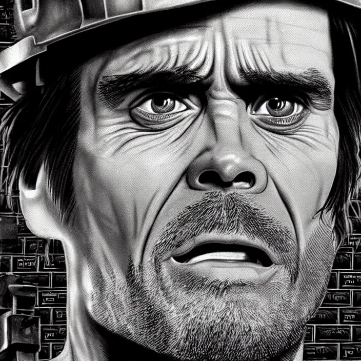 Image similar to extreme close - up on jim carrey as a miner : background : black tiles on walls. black and white, pencil and ink. by gabriel hardman, joe alves, chris bonura. cinematic atmosphere, detailed and intricate, perfect anatomy