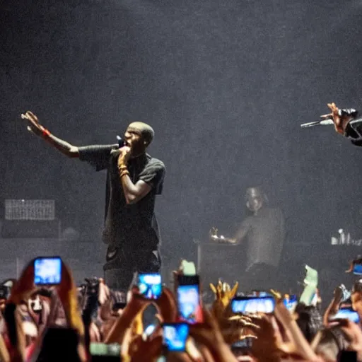 Image similar to Kanye west and Travis Scott performing while raining at plaza de bolivar in armenia quindio