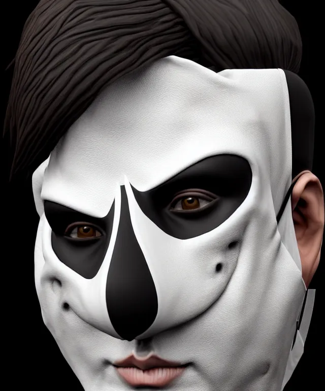 Prompt: white man with black fabric mask, short dark hair, highly detailed face!!!, true anatomy!, extremely detailed!, digital painting, unreal engine 5, art by alberto mielgo