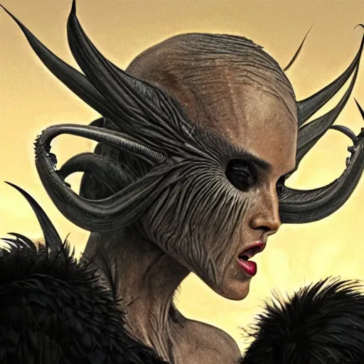 Image similar to jennifer connelly as alien bird - woman, gray skin, wearing black hooded cloak, huge wings, black feathers instead of hair, black feathers growing out of skin, bumpy skin, screaming, losing control, black feathers growing out of face, black hands with black claws, comic book, giger, mucha, trending on artstation