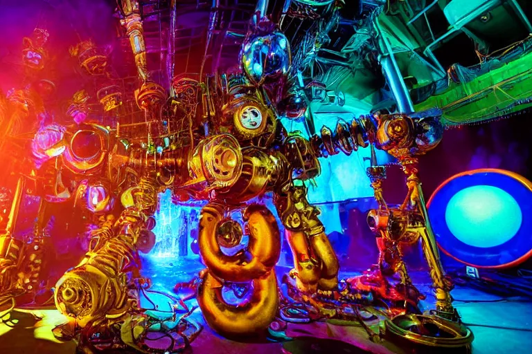 Image similar to scene is elrow party in privilege in ibiza, portrait photo of a giant huge golden and blue metal steampunk robot, with gears and tubes, eyes are glowing red lightbulbs, shiny crisp finish, 3 d render, 8 k, insaneley detailed, fluorescent colors, haluzinogetic, background is multicolored lasershow