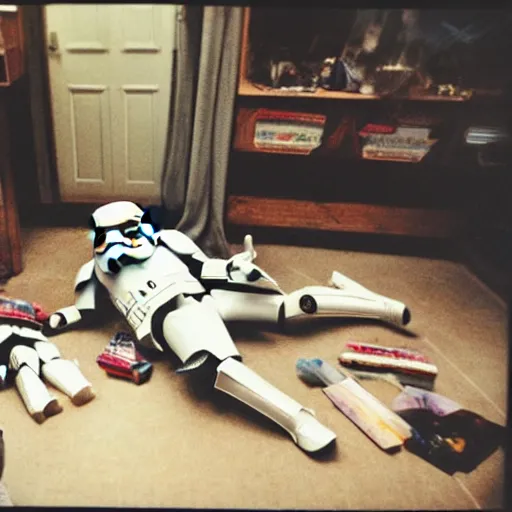 Prompt: Polaroid photo, cinematic tone, A stormtrooper lying on their backs on the floor, cluttered 80s American room, liquor bottles and clothes scattered on the floor