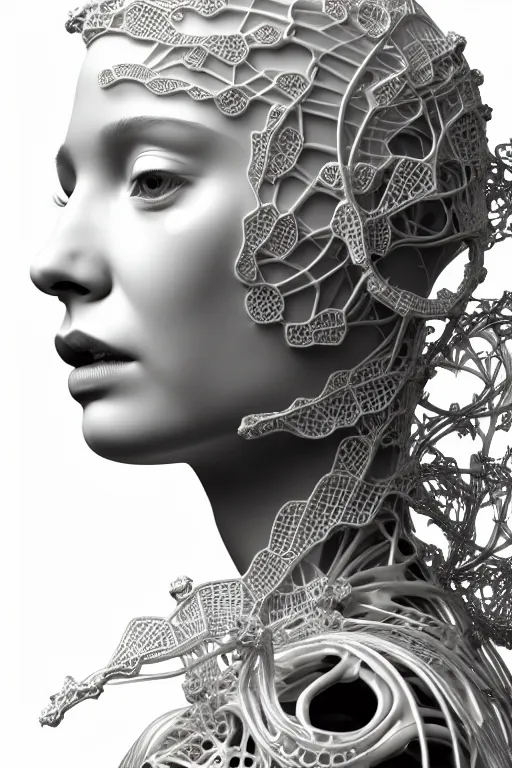 Image similar to bw 3 d render, stunning beautiful young biomechanical albino female cyborg with a porcelain profile face, angelic, rim light, big leaves and stems, roots, fine foliage lace, alexander mcqueen, art nouveau fashion embroidered, steampunk, silver filigree details, hexagonal mesh wire, mandelbrot fractal, elegant, artstation trending