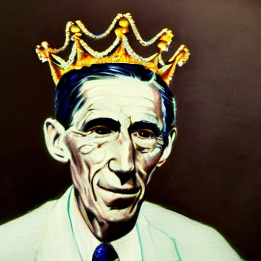 Prompt: Claude shannon father of cybernetics and artificial intelligence wearing a crown, highly detailed, award winning art, featured on art station