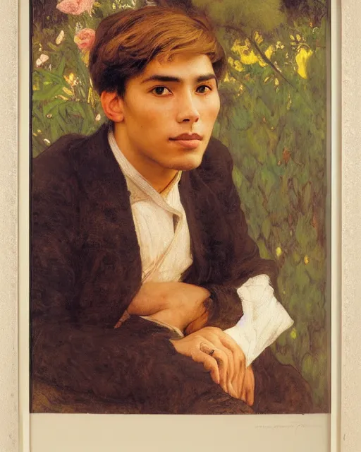 Image similar to young handsome peruvian man, portrait painting by richard schmid, edgar maxence, kehinde wiley, thomas moran, maxfield parrish, studio ghibli, loish, alphonse mucha, fashion photography