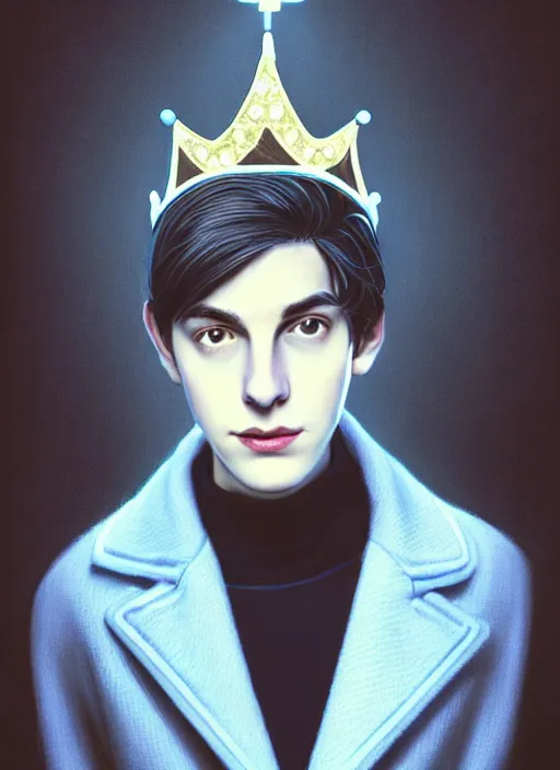 Image similar to portrait of teenage jughead jones wearing a light grey crown, crown, blue turtleneck, 1 9 5 0 s, closed eyes, photorealistic, black hair, glowing lighting, intricate, elegant, glowing lights, highly detailed, digital painting, artstation, concept art, smooth, sharp focus, illustration, art by wlop, mars ravelo and greg rutkowski