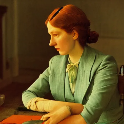 Prompt: a beautiful lady, film still by wes anderson, depicted by balthus, limited color palette, very intricate, art nouveau, highly detailed, lights by hopper, soft pastel colors, minimalist