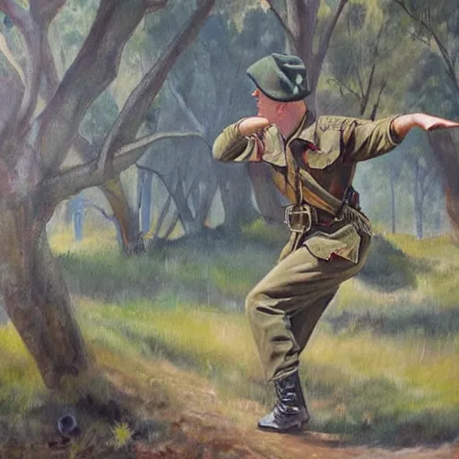 Image similar to a beautiful complex painting of an australian soldier dancing in ww 2