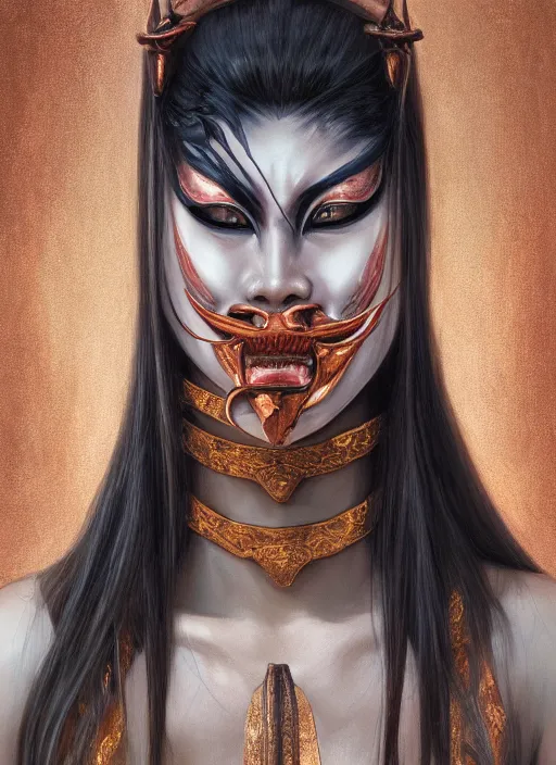 Image similar to a beautiful detailed oil on copper art illustration of a japanese basara mask devil woman, centered, by charlie bowater, zeng fanzh, trending on artstation, dim dusk lighting, cinematic lighting, detailed lighting, volumetric lighting, realistic, f 8, 4 k hd wallpaper