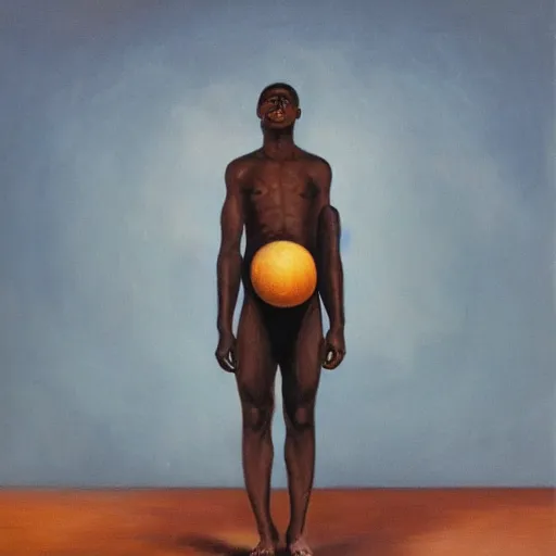 Image similar to a surrealist oil painting of a black man depicted as atlas, struggling to continue carrying the weight of the world, in the style of jean - marquett