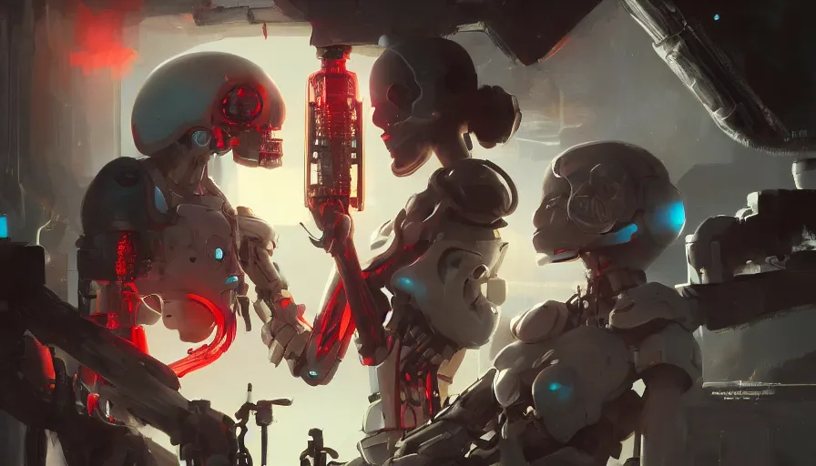 Image similar to concept art of love, death + robots series of netflix, artificial intelligence, cinematic shot, oil painting by jama jurabaev, brush hard, artstation, for aaa game, high quality, brush stroke