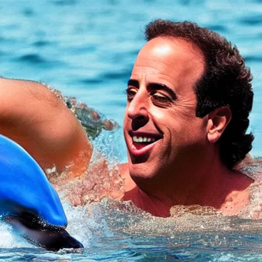 Image similar to jerry seinfeld swimming with a dolphin