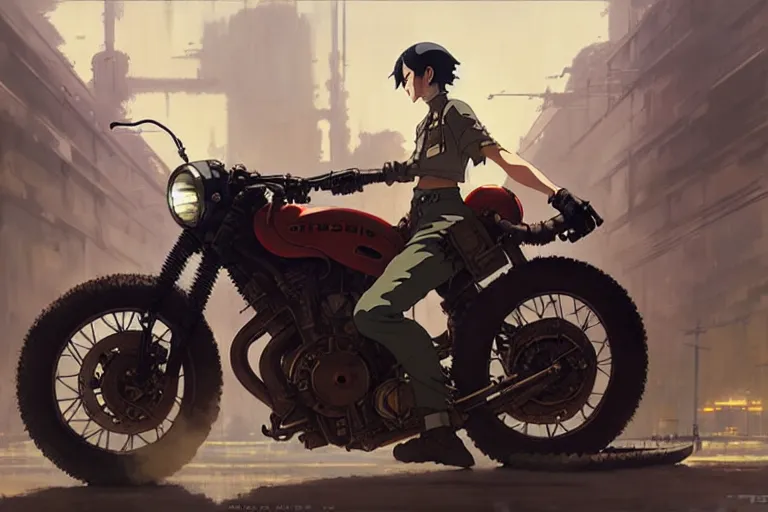 Image similar to dieselpunk, motorcycle, painted by greg rutkowski makoto shinkai takashi takeuchi studio ghibli, akihiko yoshida