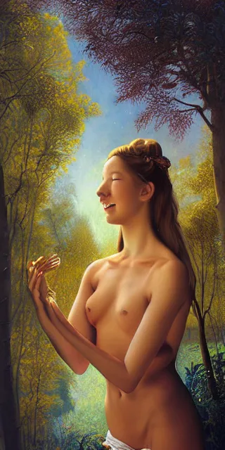 Prompt: young woman, fit body, serene smile, spiritual scene, surrounded by golden firefly lights amidst nature, fully covering intricate dress, long red hair, precise linework, accurate green eyes, small nose with freckles, beautiful smooth oval shape face, empathic, expressive emotions, hyper realistic ultrafine art by artemisia gentileschi, jessica rossier, boris vallejo