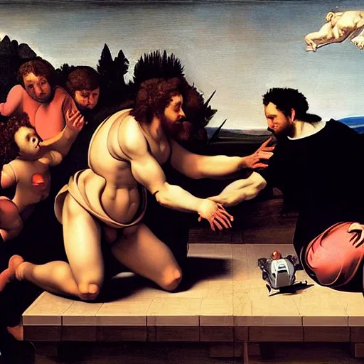 Image similar to the creation of adam by caravaggio with robots