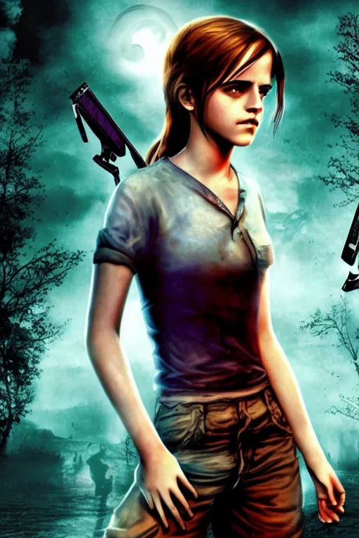 Image similar to emma watson, survival horror, playstation 2 game box keyart