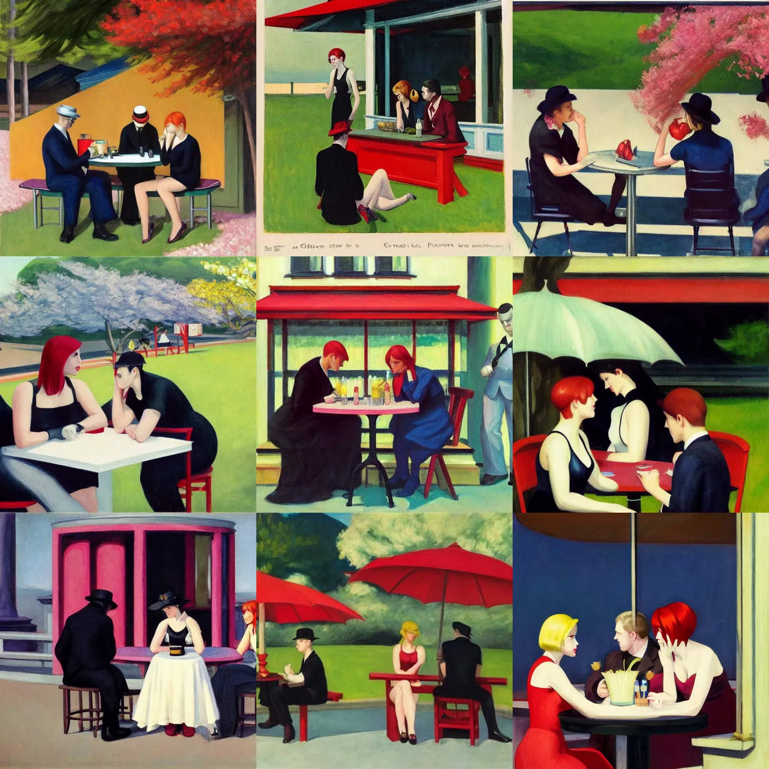 Prompt: art by edward hopper depicting three goths sitting at a picnic table in the shade, talking beneath a cherry blossom outside a blockbuster video store.