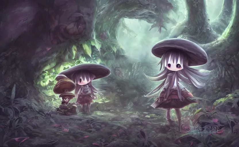 Prompt: cute little girl with an long black hair wearing an mushroom hat in the dark forest next to a sinister monster, cute artwork, clean detailed art, inspired by made in abyss, detailed background, fantastic world, spectacular quality