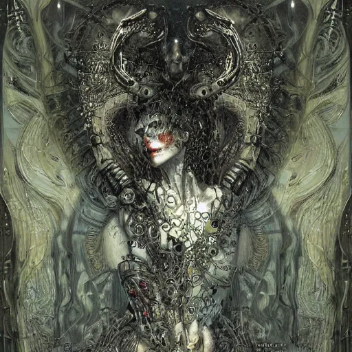 Image similar to horned cybernetic demon, circuitry, intricate detail, klimt, royo,