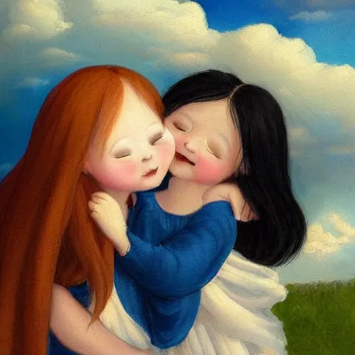 Prompt: black haired girl hugging a ginger girl and smiling, beautiful, innocent, angelic, happy, warm, soft lighting, in the clouds, renaissance, beautiful, cherubic, oil painting