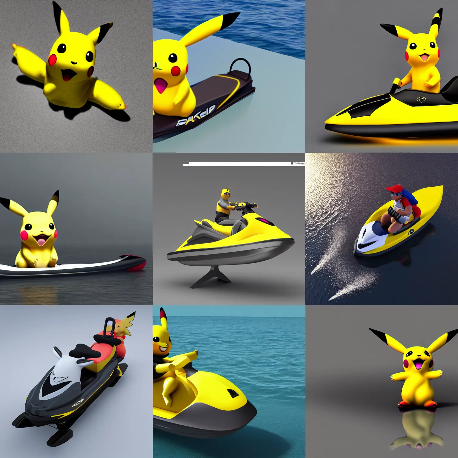 Prompt: full body 3 d render of pikachu on a jetski, studio lighting, grey background, single body, no shadow, blender, trending on artstation, 8 k, highly detailed